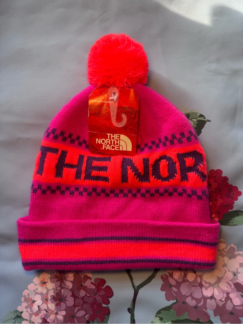 The North Face Kids Pink & Neon Orange Pom Beanie